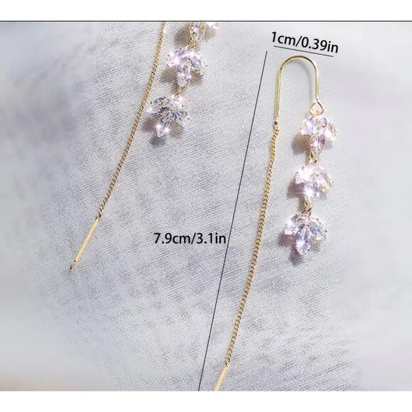 Maple Leaf Cubic Zircon Gold Threader Earrings Elegant Prom Wedding Special - Picture 4 of 5